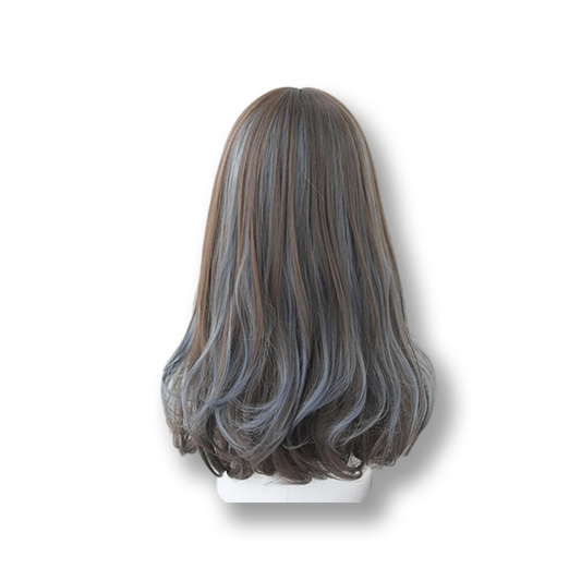 Perruque longue ondulée reflets bleus