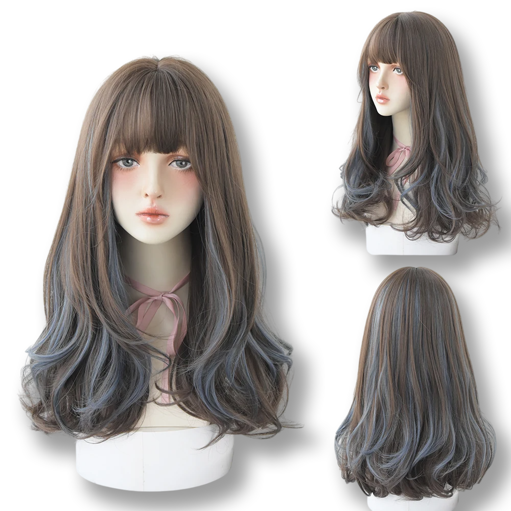 Perruque longue ondulée reflets bleus