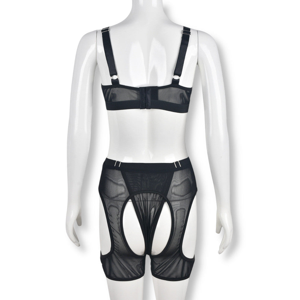 Ensemble lingerie sexy noir transparent trois pièces
