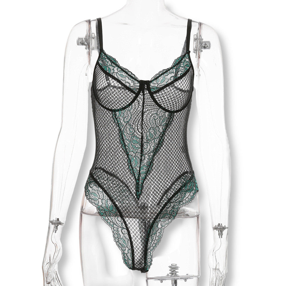 Body noir transparent dentelle verte sexy