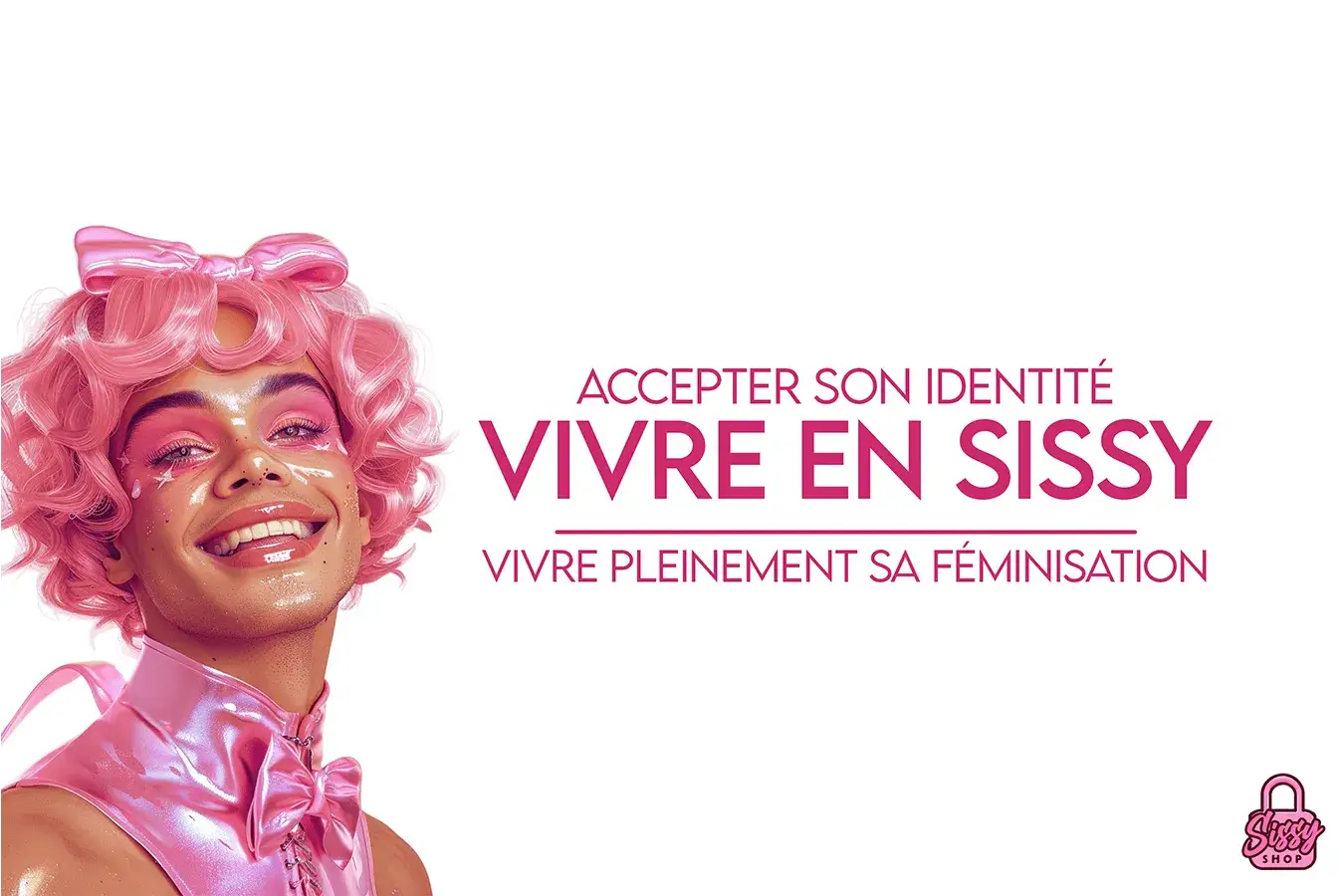 Portrait d'une sissy souriante avec perruque rose et maquillage brillant pour l'article sur l'acceptation de son identité et la féminisation.