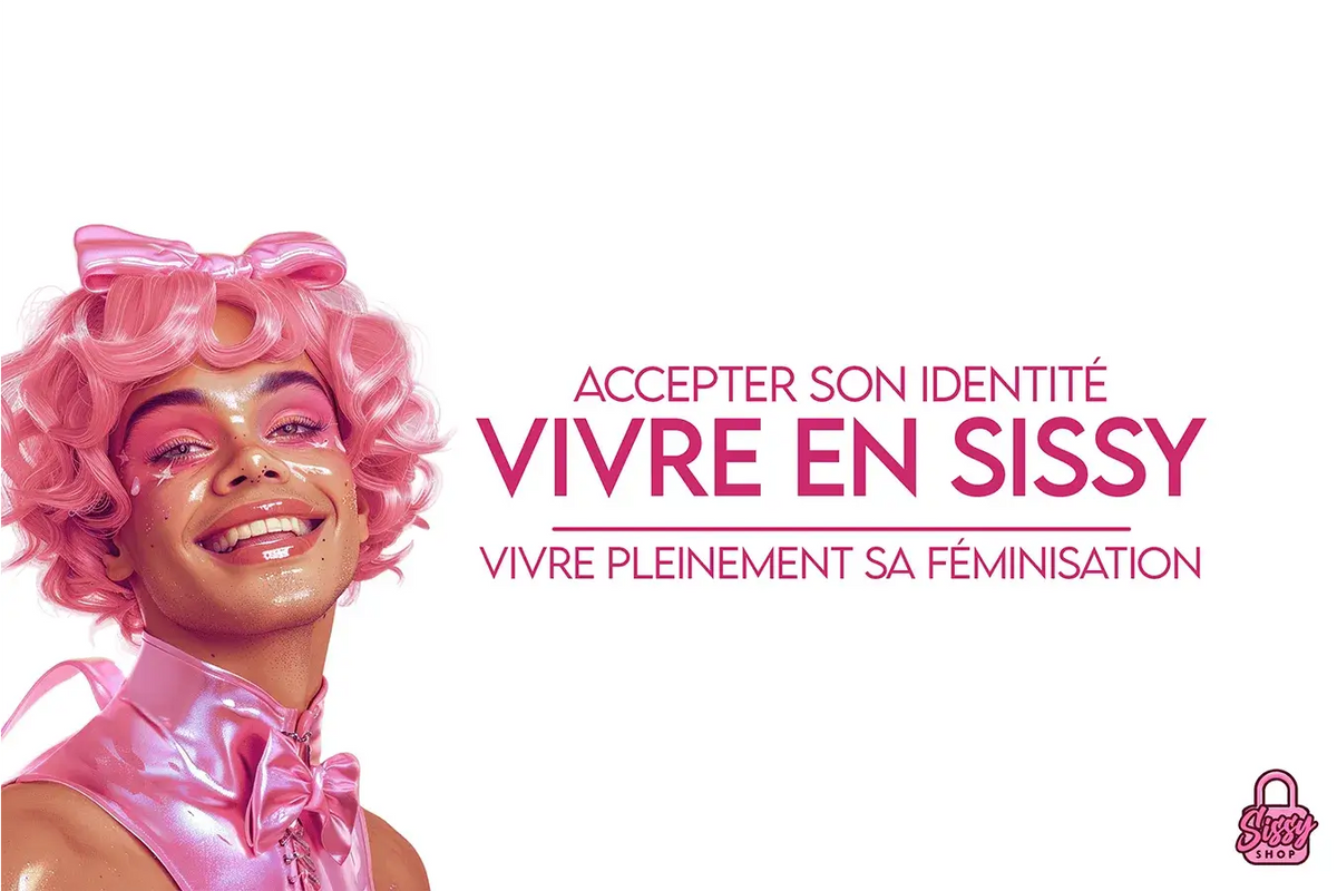 Portrait d'une sissy souriante avec perruque rose et maquillage brillant pour l'article sur l'acceptation de son identité et la féminisation.