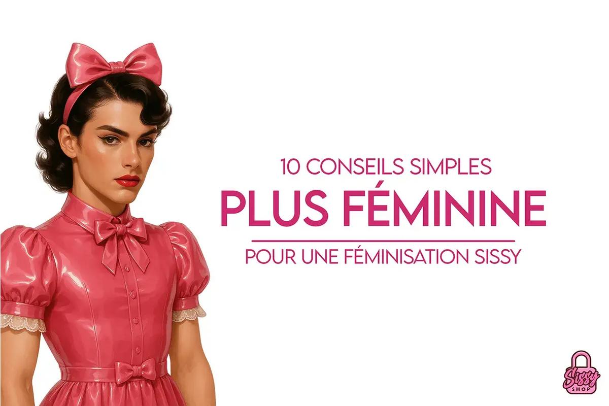 Illustration d'une sissy en robe de vinyle rose avec un nœud dans les cheveux pour le guide des 10 conseils simples de féminisation sissy.