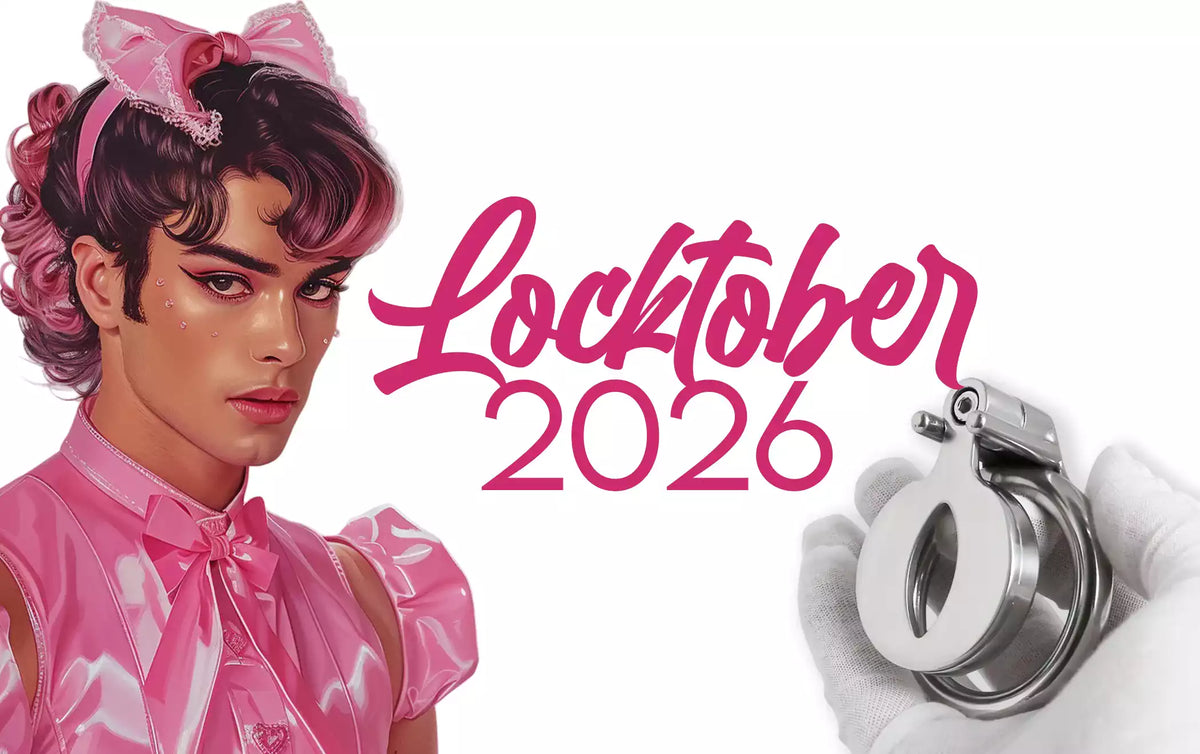 Illustration de l'article de blog Locktober 2026 montrant une cage de chasteté plate en métal tenue par une main gantée et un personnage sissy en tenue rose pour célébrer la féminisation sur sissyshop.