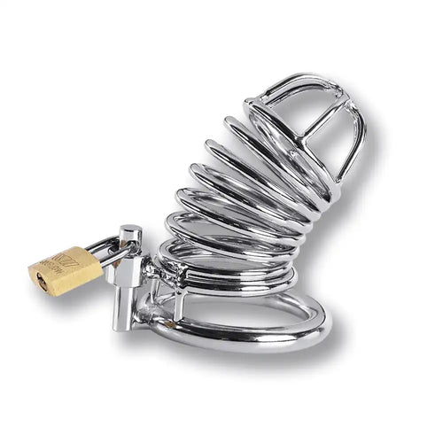 Cage de chasteté en métal chromé avec cadenas doré, pour sissification et soumission sexuelle, sur Sissyshop