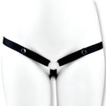 Modèle noir de la ceinture de chasteté en cuir PU à triple maintien sur mannequin, un harnais minimaliste idéal pour stabiliser votre cage de chasteté pour homme lors de vos séances de sissification sur sissyshop.