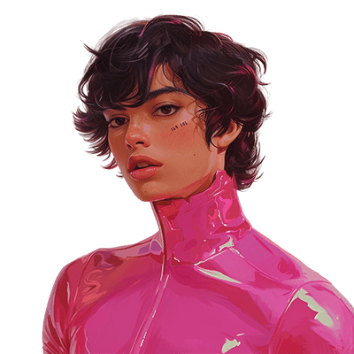 Illustration d'une personne sissy aux cheveux courts bruns bouclés, portant une combinaison en latex rose flashy à col montant.