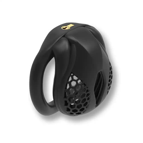 Cage de chasteté noire en silicone avec serrure dorée, conçue pour la sissification et la soumission sexuelle sur Sissyshop