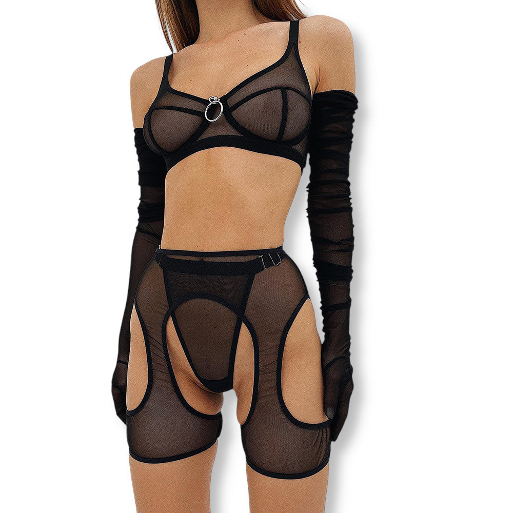 Ensemble lingerie sexy noir transparent trois pièces