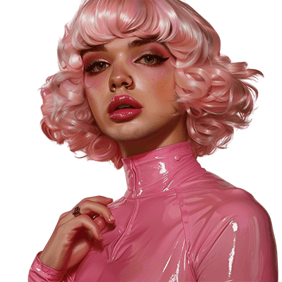 Portrait d'une sissy avec une perruque rose bouclée et un maquillage glamour, vêtue d'un top en vinyle rose brillant.