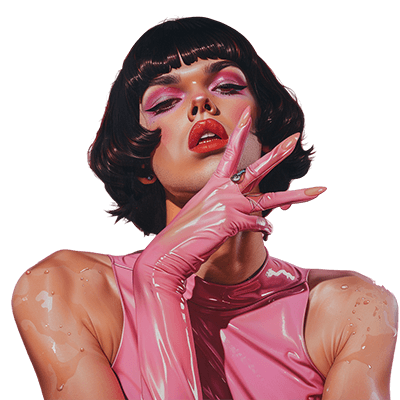 Illustration d'une sissy avec une coupe au bol brune et des gants longs en latex rose, posant avec élégance dans une tenue fétiche rose.