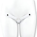 Version blanche de la ceinture de chasteté à sangles en similicuir munie de boutons-pression, l'accessoire sissy épuré parfait pour fixer solidement votre cage de chasteté sur la boutique sissyshop.