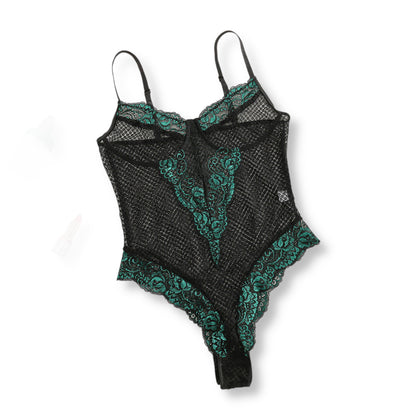 Body noir transparent dentelle verte sexy