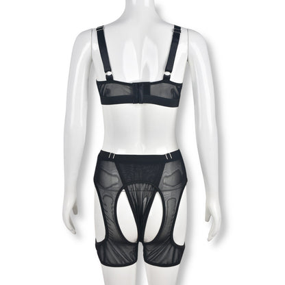 Ensemble lingerie sexy noir transparent trois pièces