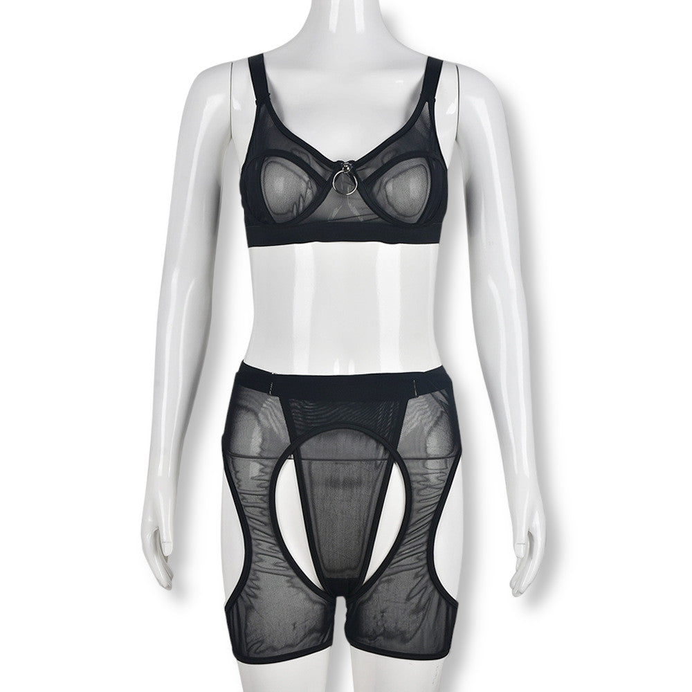 Ensemble lingerie sexy noir transparent trois pièces