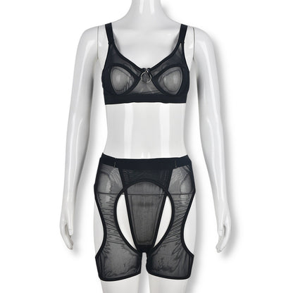 Ensemble lingerie sexy noir transparent trois pièces