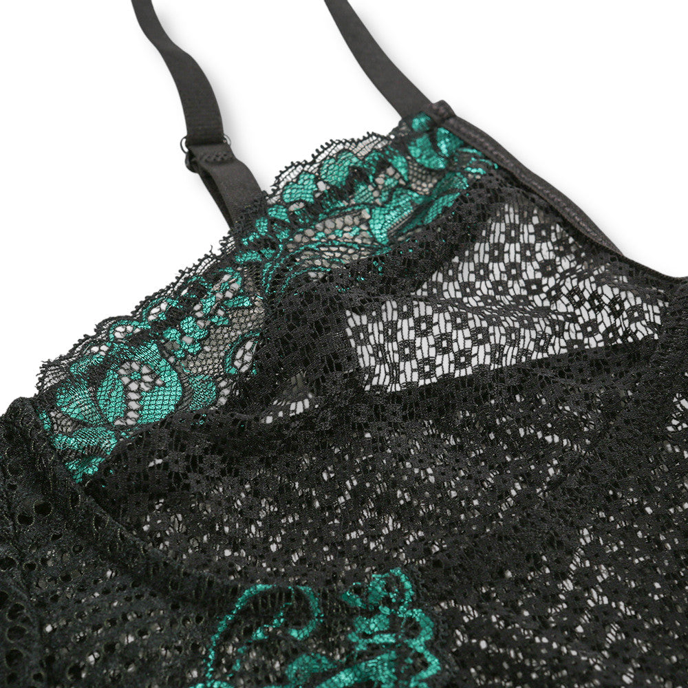 Body noir transparent dentelle verte sexy