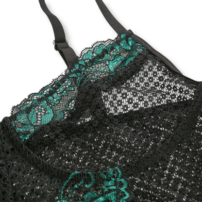 Body noir transparent dentelle verte sexy