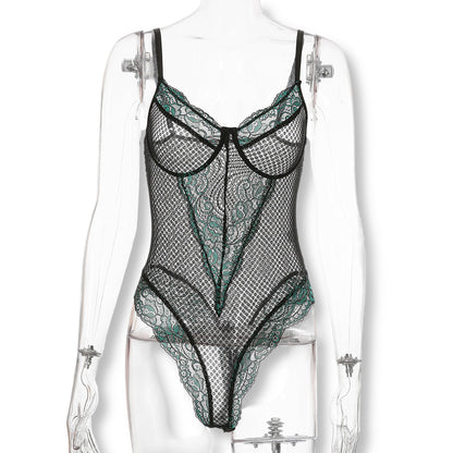 Body noir transparent dentelle verte sexy