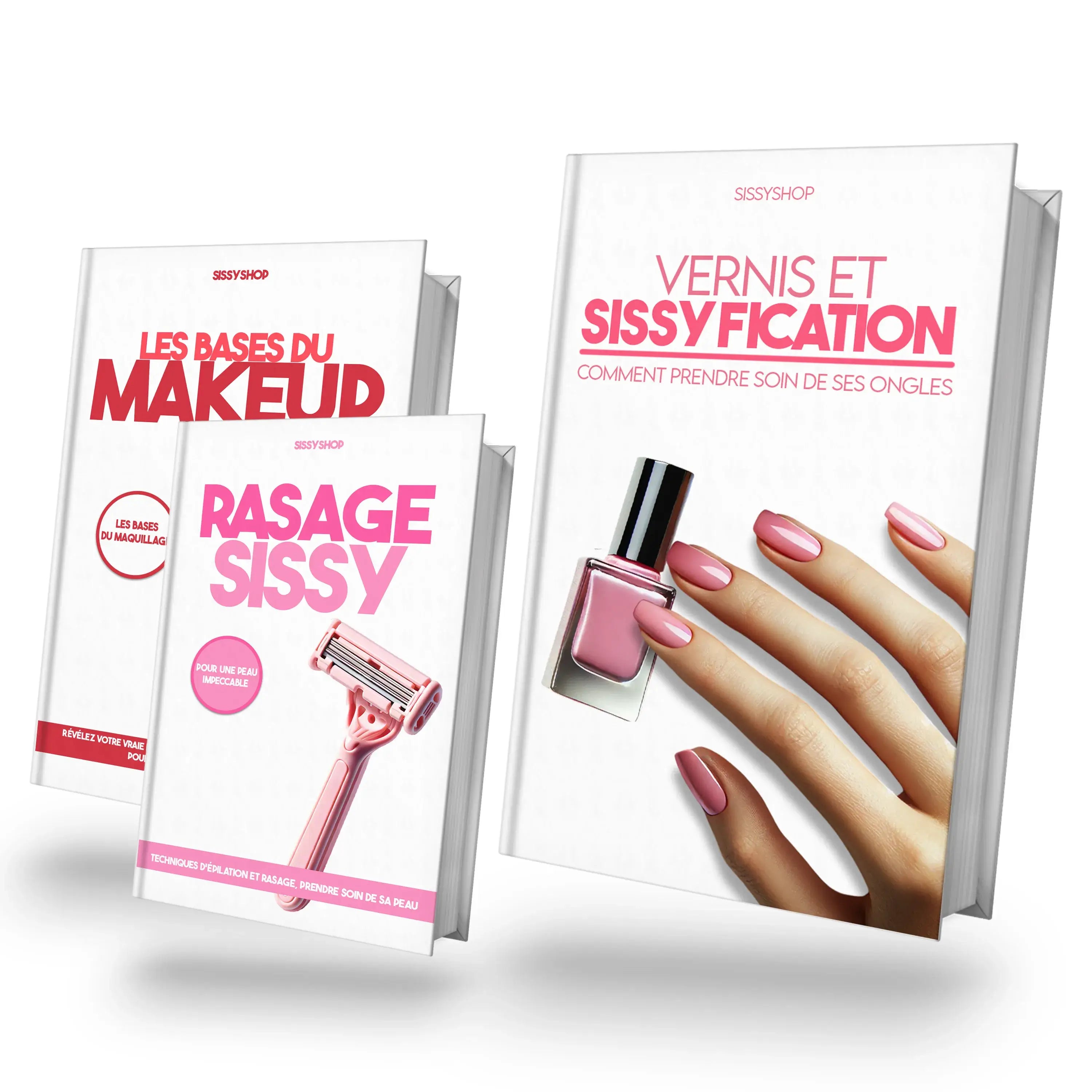 Pack de la sissy coquette : Manucure, peau douce et maquillage, visuel de l'ensemble des ebook composant se pack destiné au sissy et aux travesties