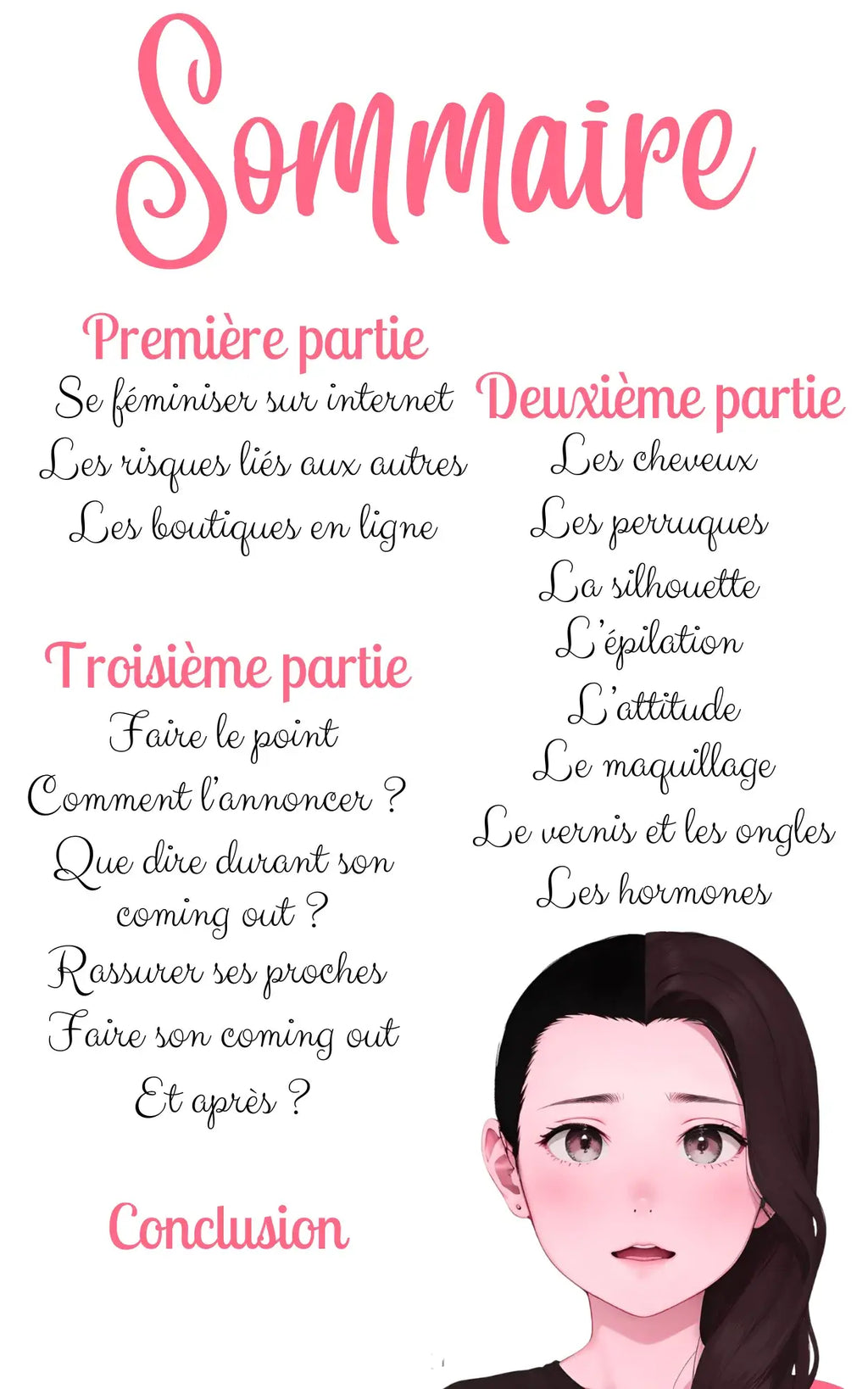 le sommaire de l'ebook, sissy en transition
