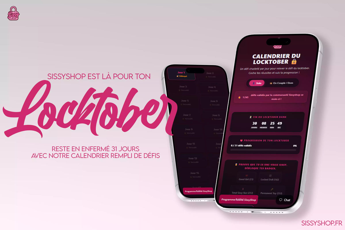 Mockup de deux smartphones affichant l'interface du calendrier interactif Locktober sur sissyshop, conçu pour suivre 31 jours de défis de chasteté et de sissification