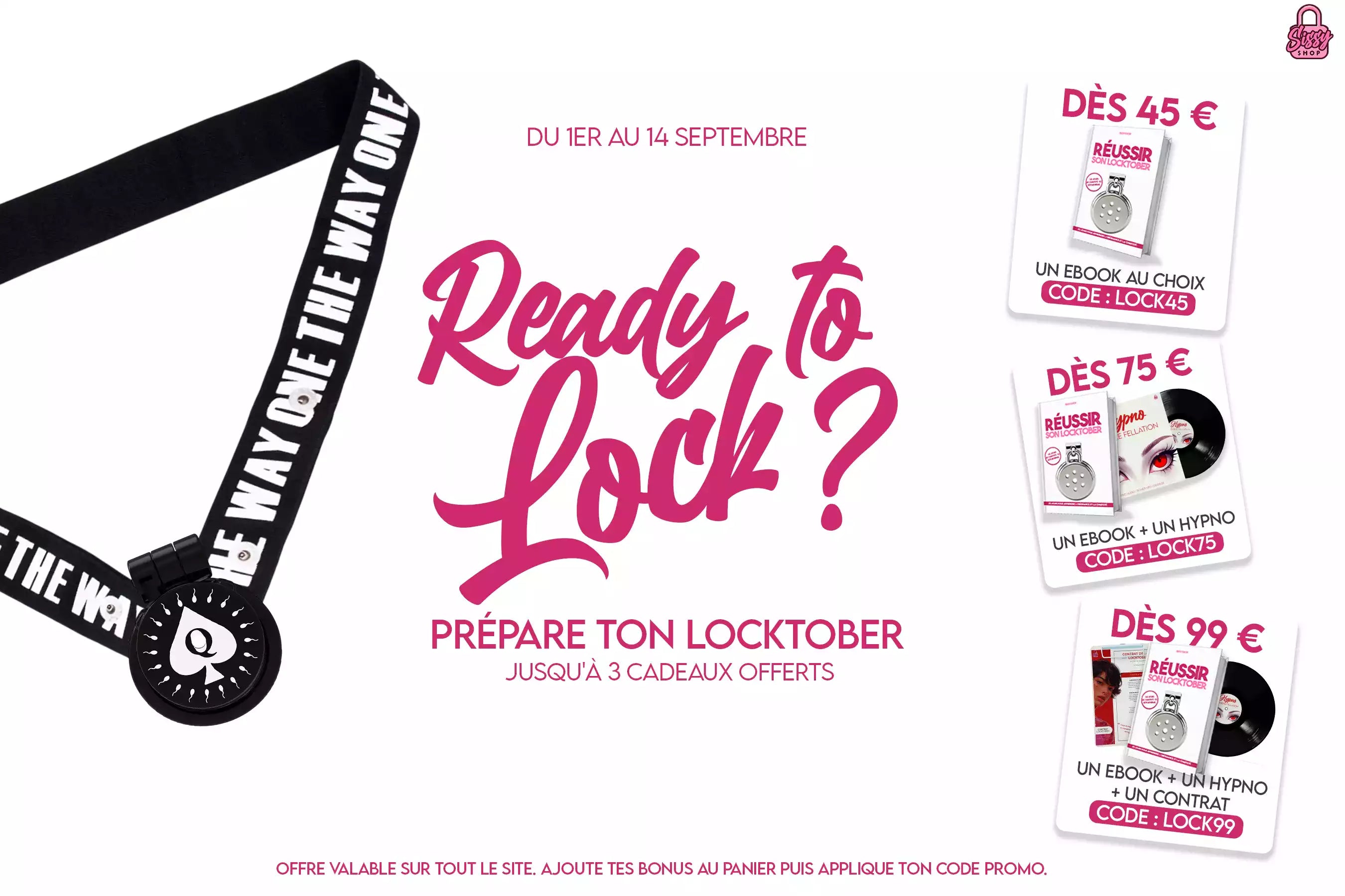 Bannière promotionnelle Locktober sur sissyshop avec l'offre Ready to Lock du 1er au 14 septembre, proposant jusqu'à 3 cadeaux offerts selon le montant d'achat (ebook, hypno et contrat).