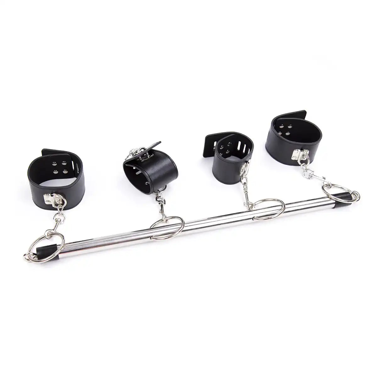 Vue d'ensemble de la barre d'écartement en acier équipée de quatre menottes noires, accessoire bdsm et de féminisation sur Le Sissyshop.