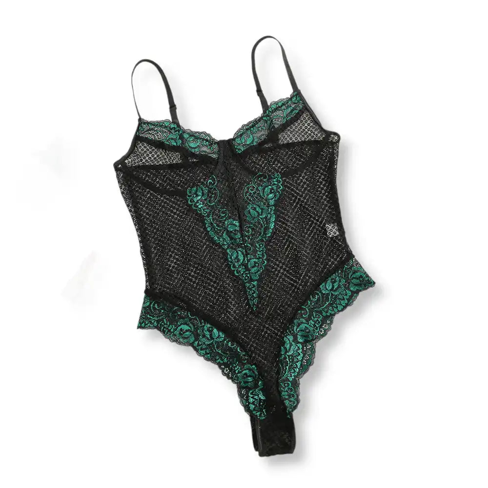 Vue à plat du body sexy transparent noir avec ses motifs symétriques en dentelle verte éclatante, une pièce maîtresse de la boutique sissyshop.