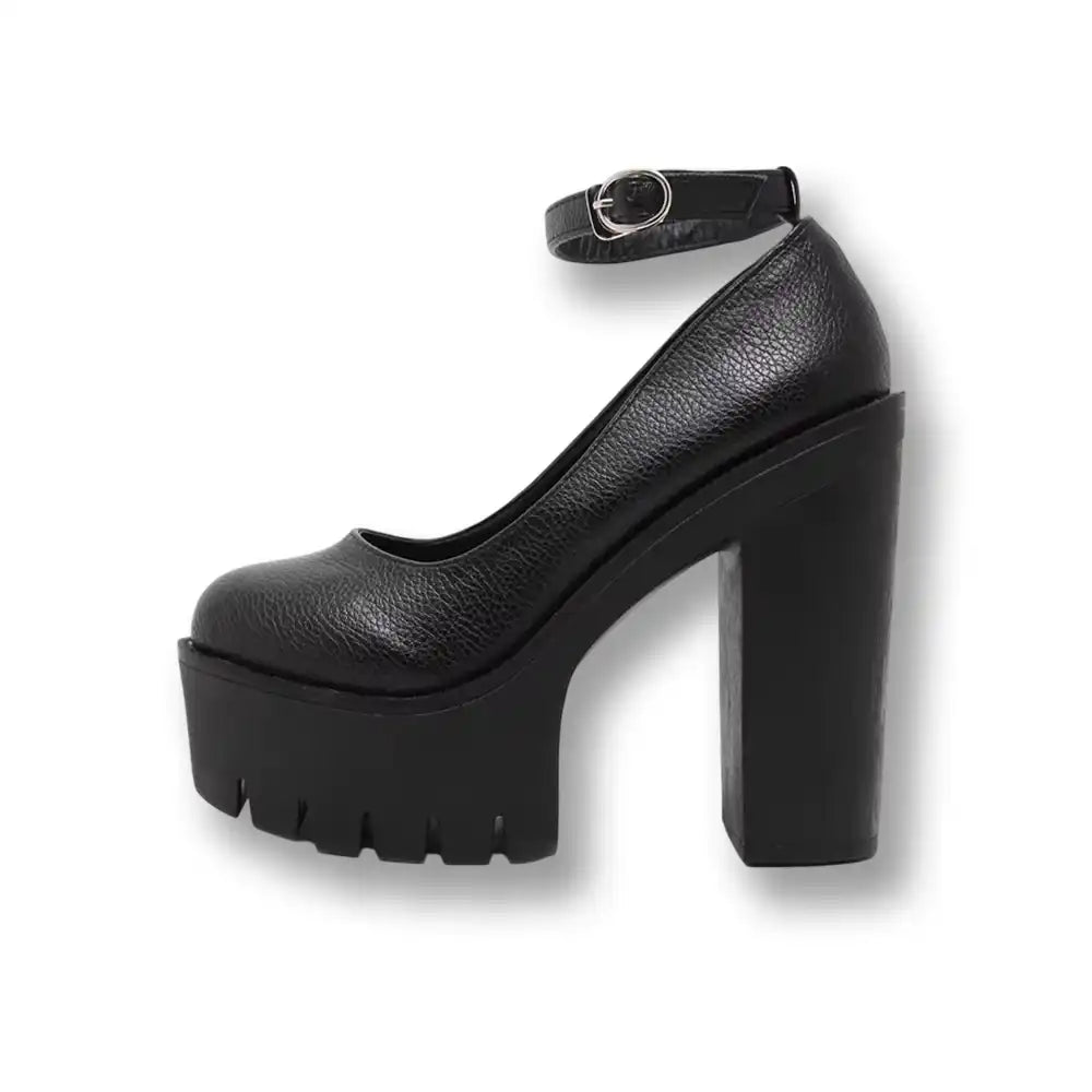 Chaussure noire en cuir synthétique à talon épais et plateforme pour la sissification et le crossdressing sur Sissyshop