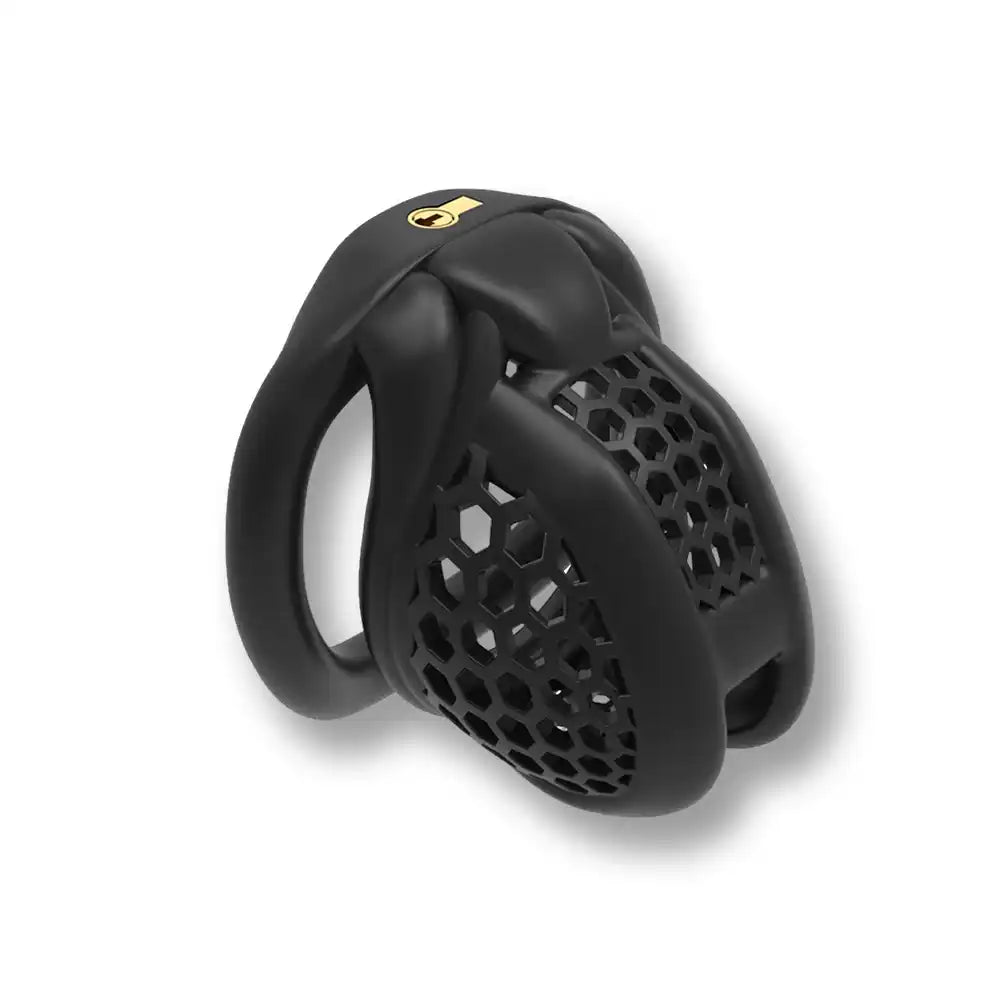 Cage de chasteté noire en silicone avec grille hexagonale pour sissification et soumission sexuelle sur Sissyshop