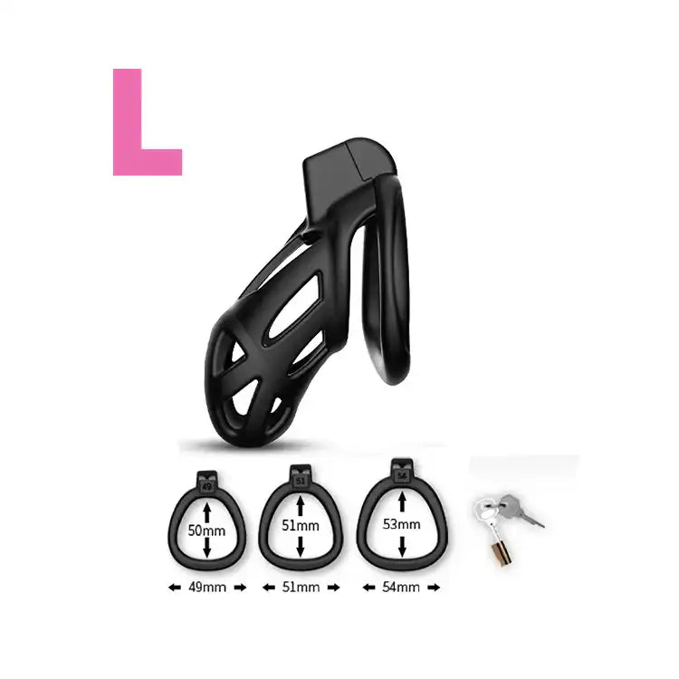 Cage de chasteté noire en silicone taille L pour sissification et soumission sexuelle, avec clés et anneaux interchangeables sur Sissyshop