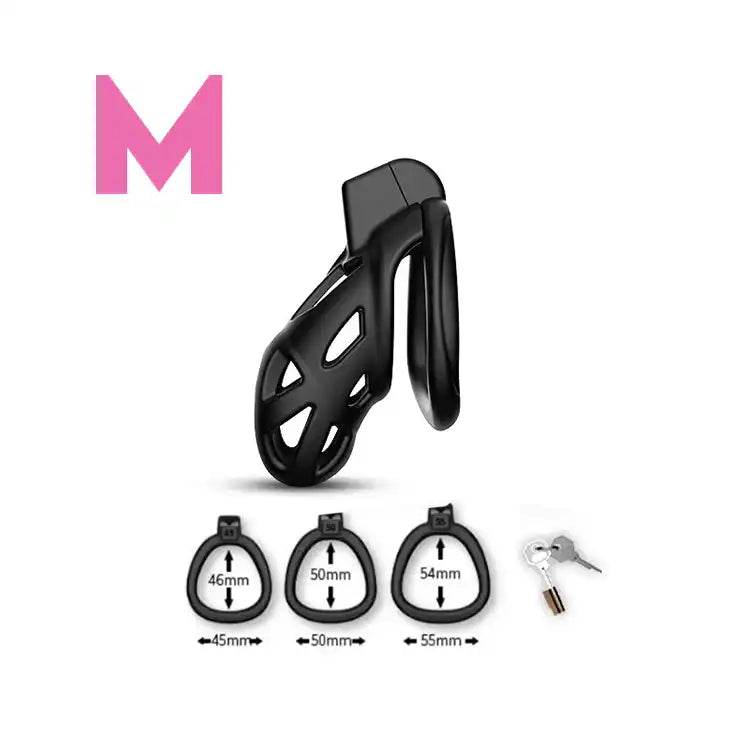 Cage de chasteté noire en silicone taille M pour sissification et soumission sexuelle, avec clés et anneaux interchangeables sur Sissyshop