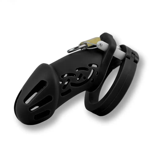 Cage de chasteté noire en silicone avec cadenas doré pour sissification et soumission sexuelle sur Sissyshop