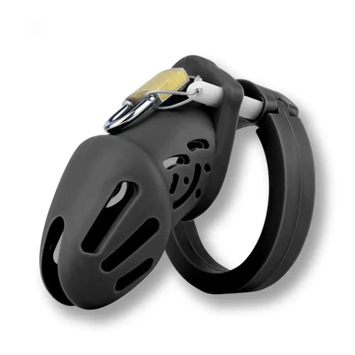 Cage de chasteté noire en silicone avec cadenas doré, pour sissification et soumission sexuelle, sur Sissyshop