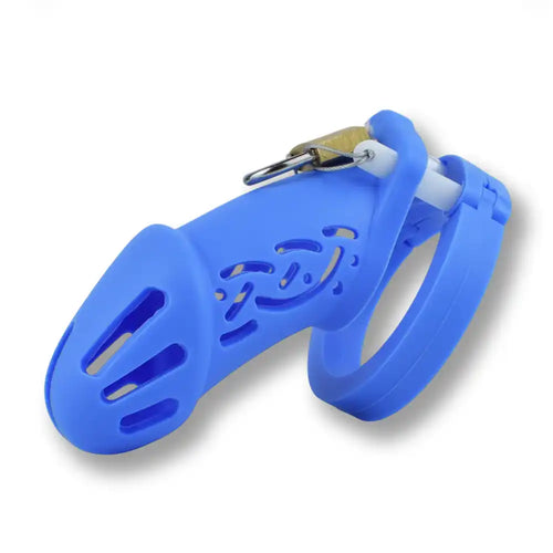 Cage de chasteté bleue en silicone avec cadenas doré pour sissification et soumission sexuelle sur Sissyshop