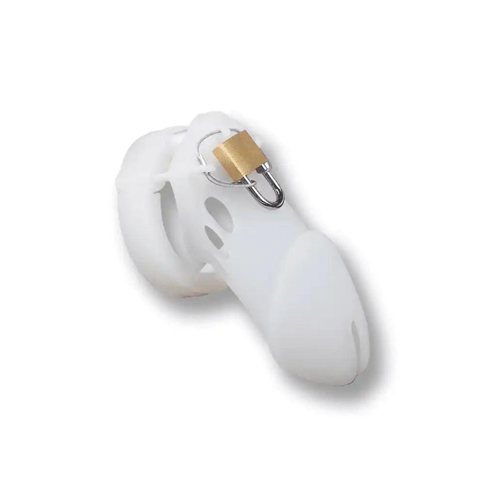Cage de chasteté blanche en silicone avec cadenas doré pour sissification et soumission sexuelle sur Sissyshop