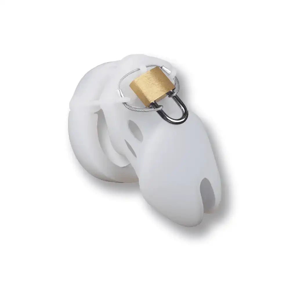 Cage de chasteté blanche en silicone avec cadenas doré pour sissification et soumission sexuelle sur Sissyshop