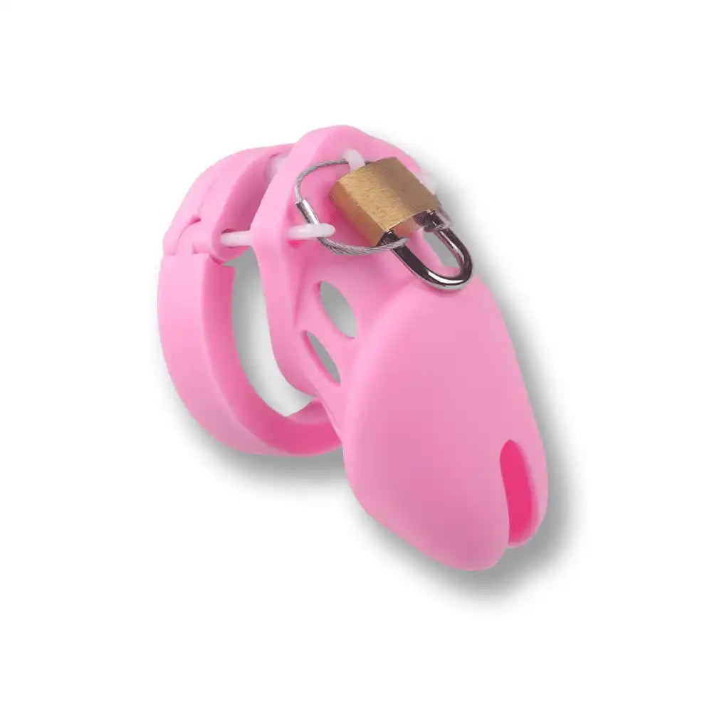 Cage de chasteté rose en silicone avec cadenas doré pour sissification et soumission sexuelle sur Sissyshop