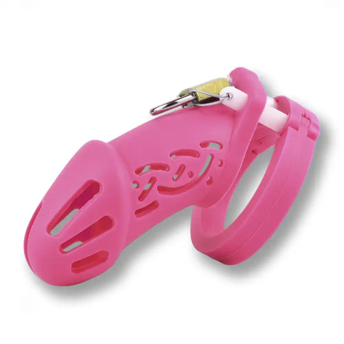Cage de chasteté rose en silicone pour sissification et soumission sexuelle, avec cadenas doré, sur Sissyshop