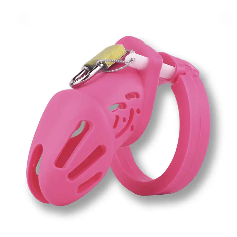 Cage de chasteté rose en silicone avec cadenas doré, idéale pour la sissification et la soumission sexuelle sur Sissyshop