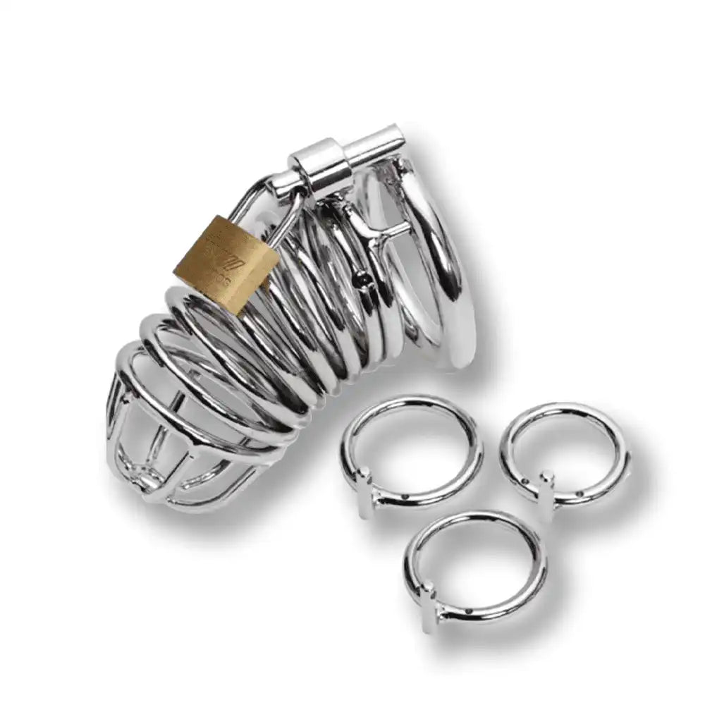 Cage de chasteté en métal chromé avec cadenas doré, accessoires pour sissification et soumission sexuelle sur Sissyshop