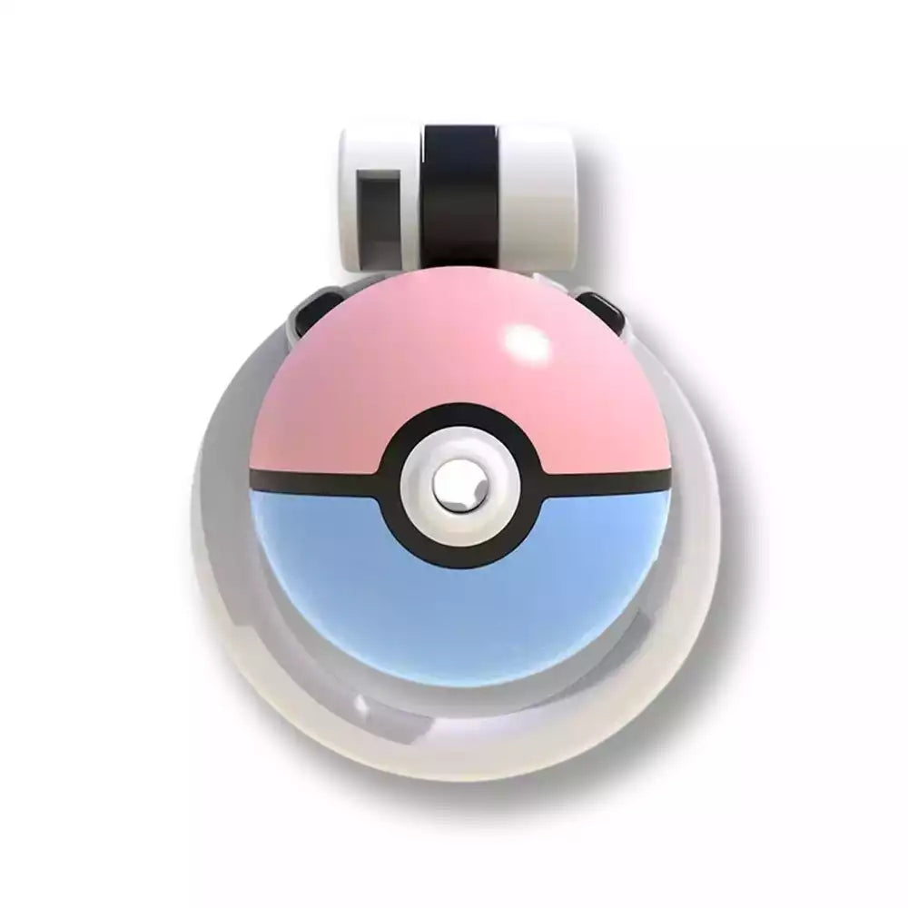 Vue de face de la cage de chasteté plastique Transball aux couleurs rose et bleu pastel avec ouverture centrale, un dispositif ergonomique pour la chasteté et la sissification sur sissyshop.