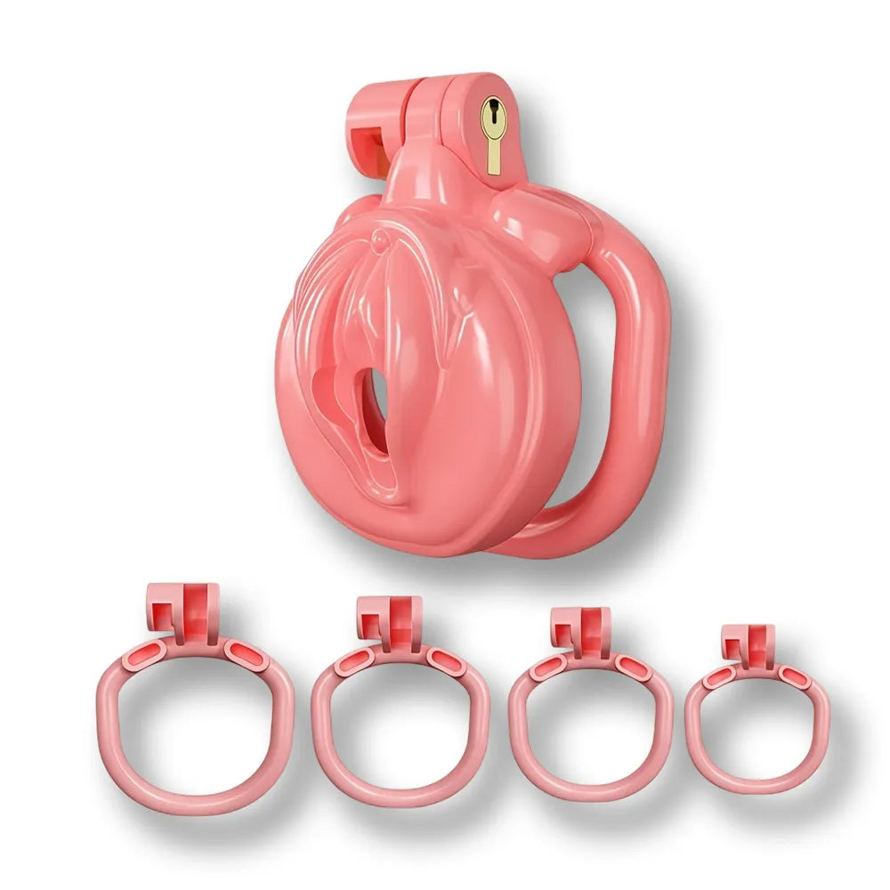 Présentation de la cage de chasteté plate rose accompagnée de ses 4 anneaux ergonomiques de tailles différentes, assurant un ajustement sur mesure pour vos séances de féminisation sissyshop.