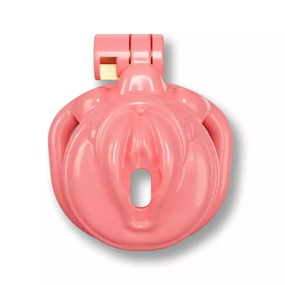 Vue de face de la cage de chasteté plate plastique Sissy Pussy de couleur rose avec motif vulve détaillé, une cage de chasteté courte et ultra-plate idéale pour la chasteté et la sissification sur sissyshop.
