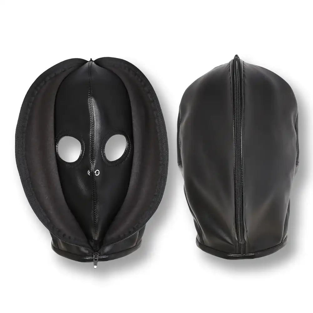 Cagoule de bondage en similicuir noir, vue de face et de dos pour un maintien ajusté.