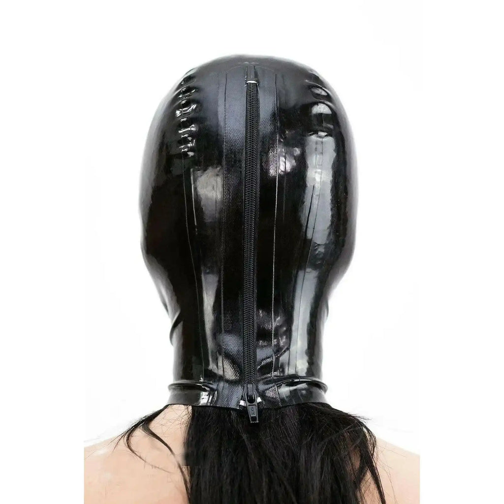 Masque en latex noir brillant avec fermeture éclair pour sissification et fétichisme, idéal pour la soumission sexuelle sur Sissyshop