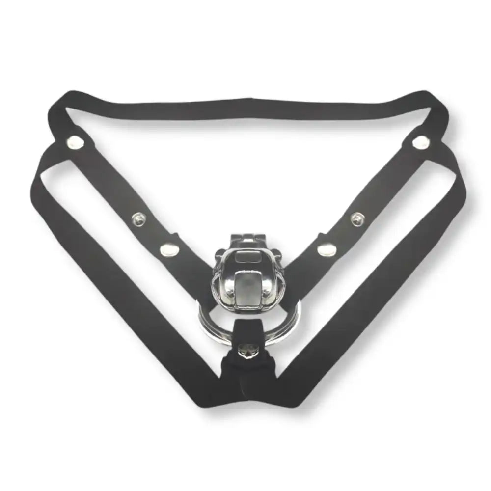 Ceinture de chasteté noire pour homme associée à une cage de chasteté, accessoire de soumission et bondage pour adultes.