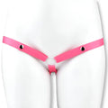 Ceinture de chasteté en cuir PU souple de couleur rose avec son anneau de raccordement central, l'alternative sexy et colorée à la culotte de chasteté classique disponible sur sissyshop.