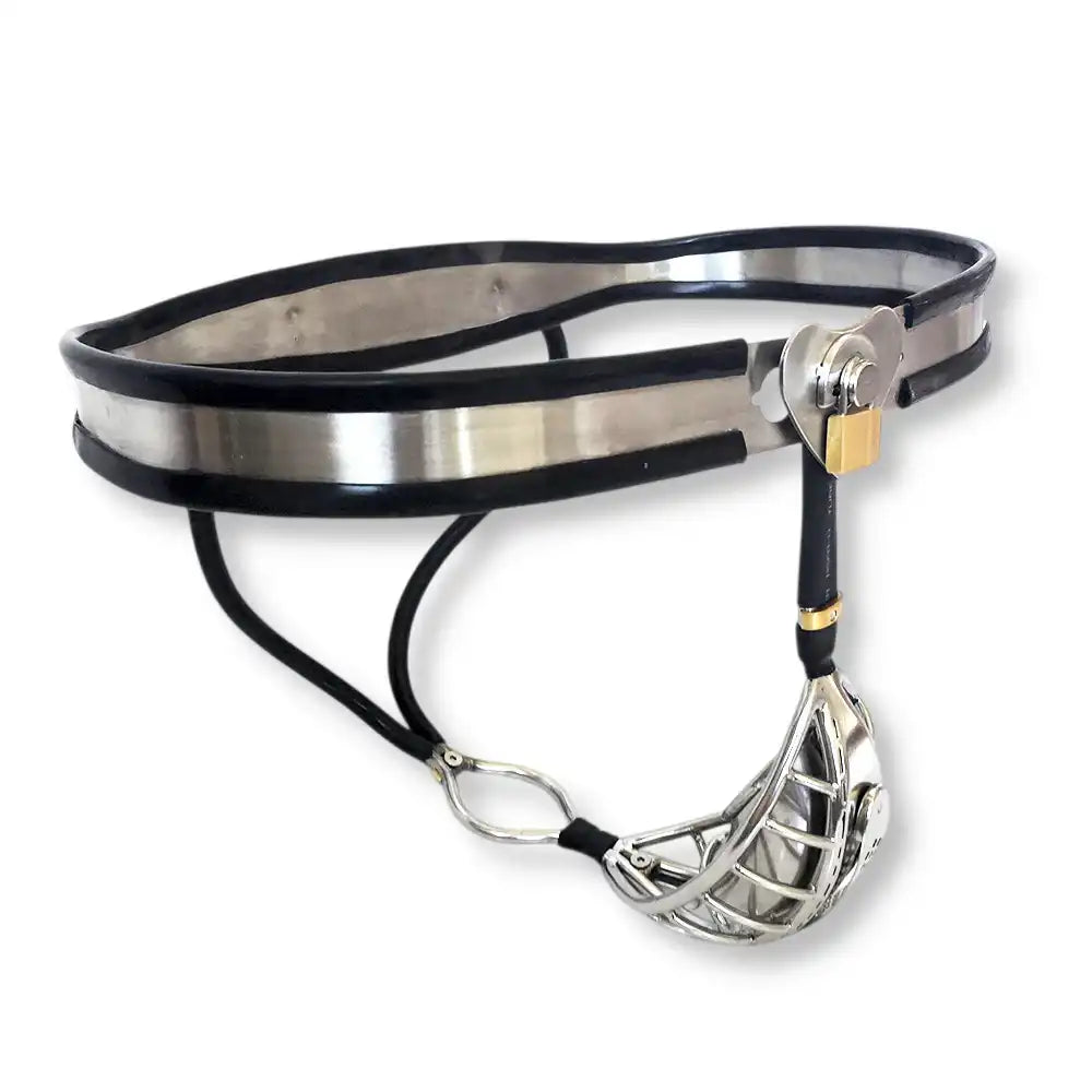 Vue de profil de la ceinture de chasteté en métal no escape, cage de chasteté homme, ceinture de chasteté et sissification sur Le Sissyshop.